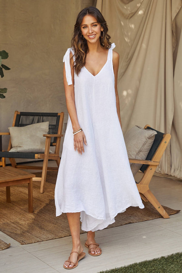 Tie Shoulder V-Neck Linen Jumpsuit