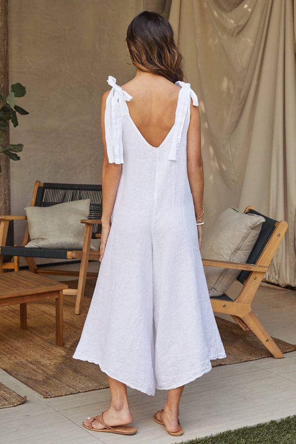 Tie Shoulder V-Neck Linen Jumpsuit